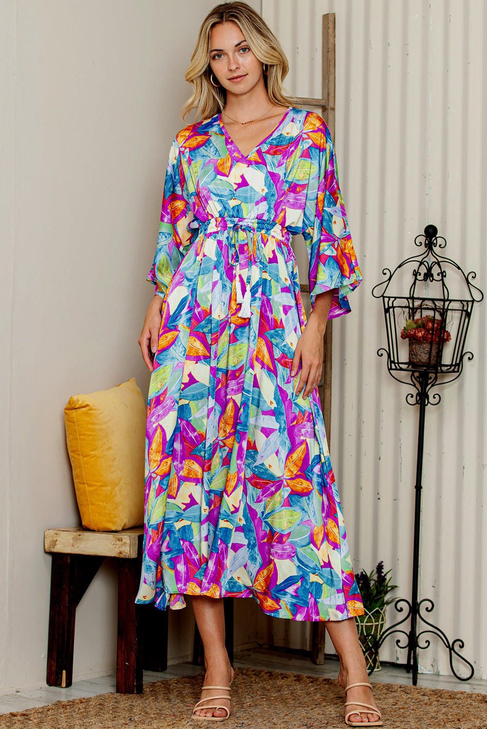 Multicolour Abstract Print High Waist V Neck Maxi Dress