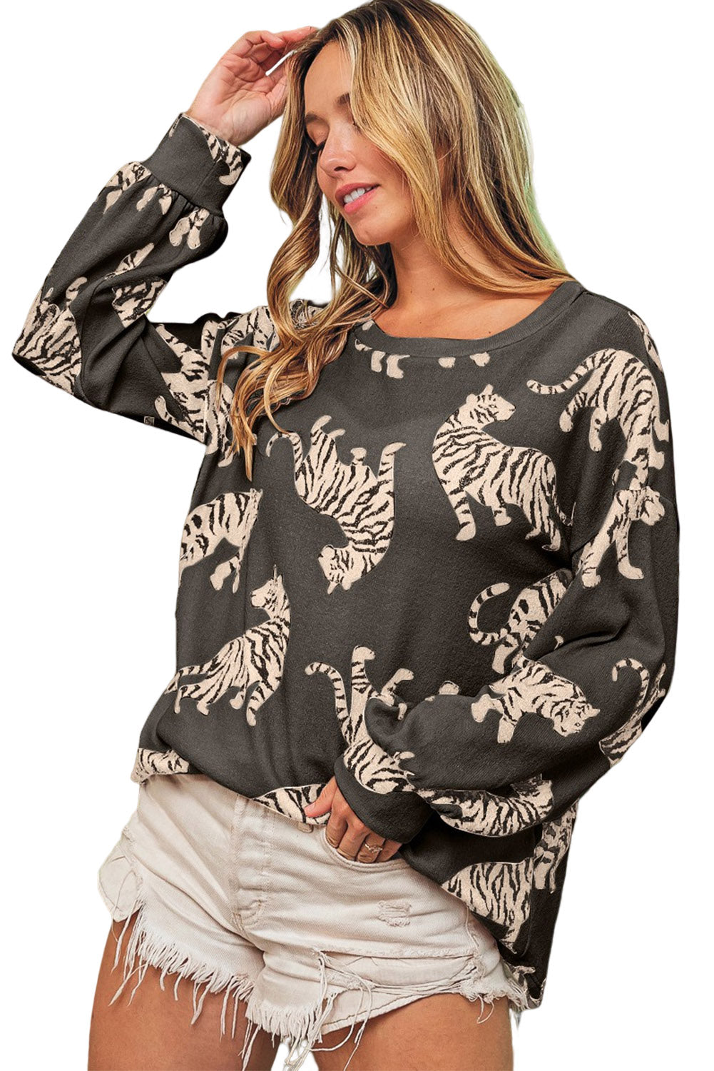 Animal Print Drop Sleeve Pullover Sweatshirt