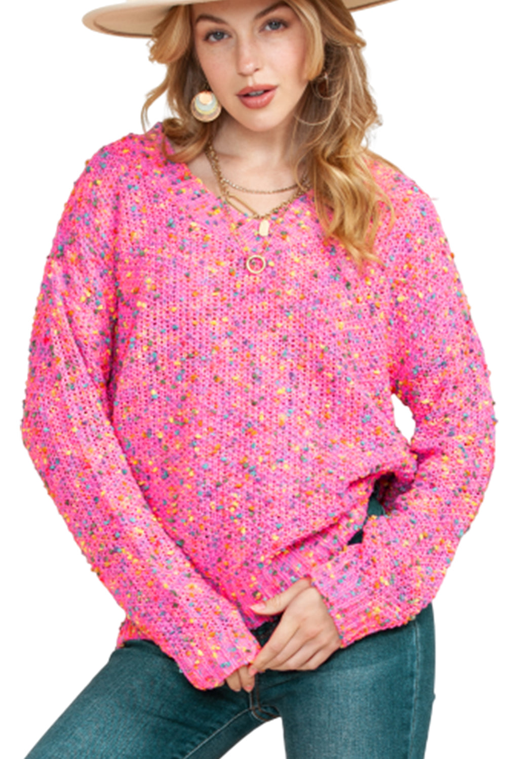 Hot Pink Mixed Color Chunky Knit Sweater