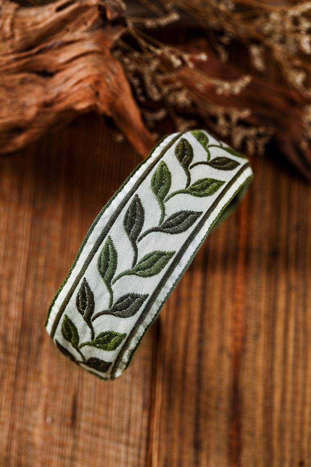 Grass Green Leafy Embroidered Wide Headband