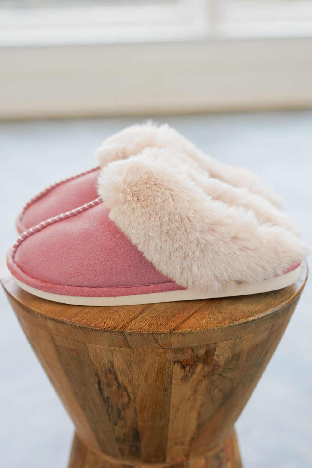 Pink Khaki Faux Suede Plush Lined Slip on Slippers