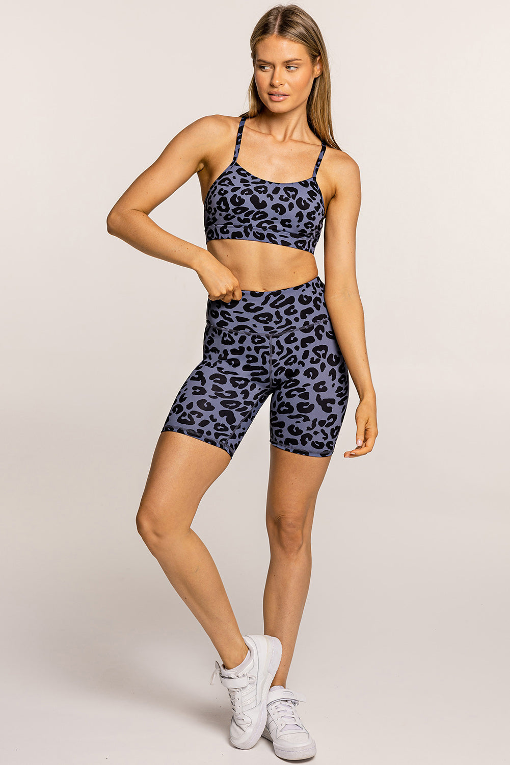 Grey Leopard Print Sports Bra & Shorts Two Piece Set