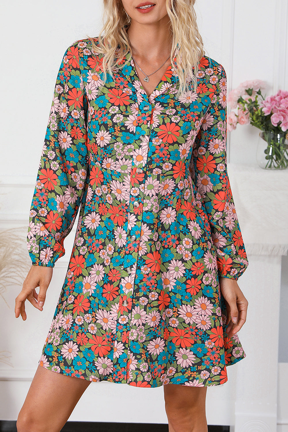 Multicolour Vibrant Floral Print Lapel Collar Button Closure Shirt Dress