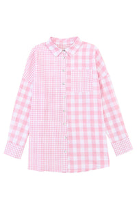 Pink Mix Checked Pocket Patchwork Long Sleeve Shacket