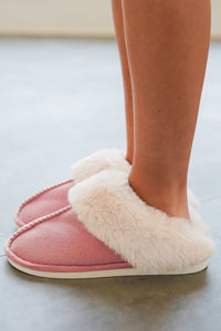 Pink Khaki Faux Suede Plush Lined Slip on Slippers