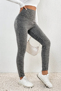 Dark Grey Wide Waistband Ribbed Textured Knit Leggings