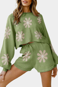Green Floral Print Knitted Top & Drawstring Shorts Two Piece Set