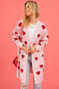 Light Pink Valentine's Day Heart Print Open Front Cardigan