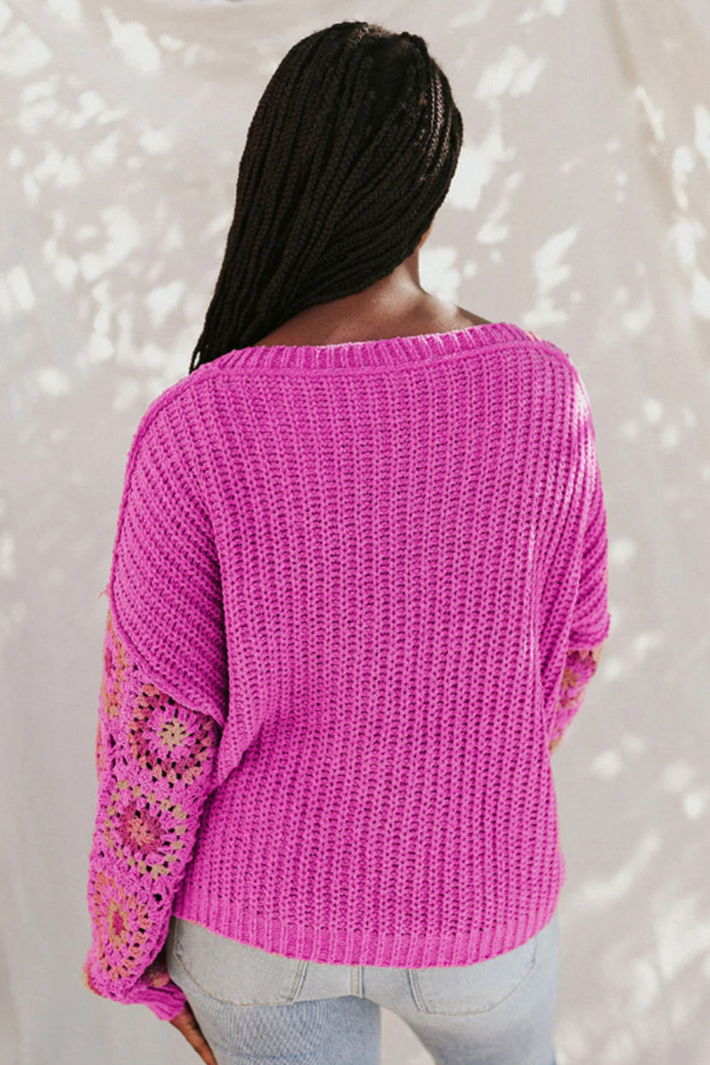 Rose Crochet Long Sleeve Knitted Pullover V Neck Sweater
