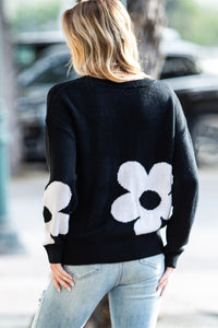 Black Flower Pattern Ribbed Trim Knit Round Neck Sweater