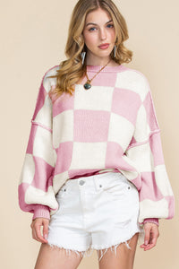 Pink Checked Bishop Sleeve Pullover Sweater