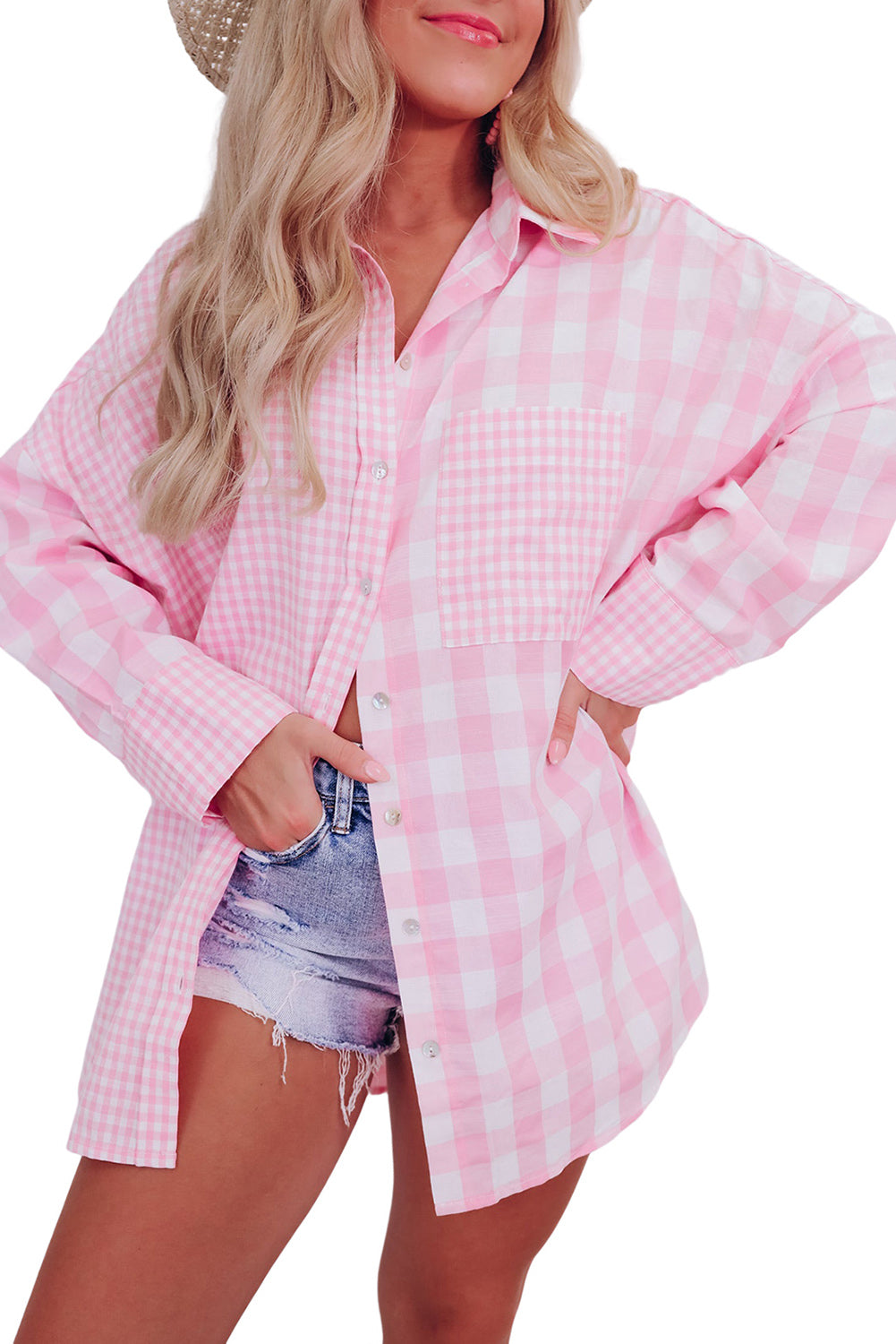 Pink Mix Checked Pocket Patchwork Long Sleeve Shacket