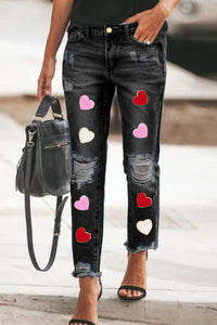 Black Chenille Heart Patch Graphic Ripped Washed Jeans