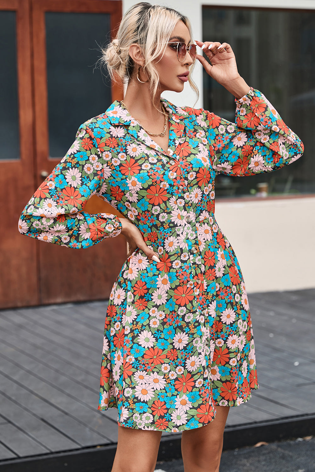 Multicolour Vibrant Floral Print Lapel Collar Button Closure Shirt Dress