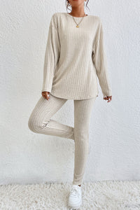 Apricot Ribbed Knit Loose Long Sleeve Top Skinny Pants Set