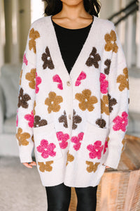 White Flower Pattern Pocket Buttoned Long Cardigan