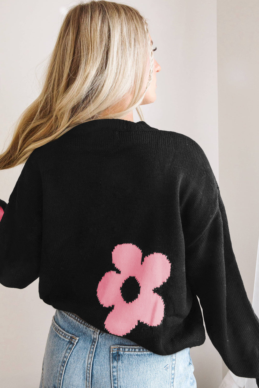 Black Flower Pattern Ribbed Trim Knit Round Neck Sweater – PINKCOLADA