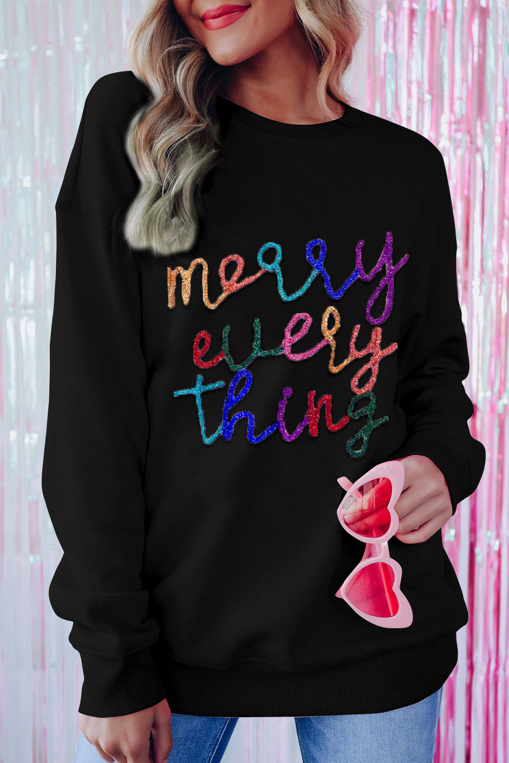 Pink Merry Every Thing Glitter Letter Christmas Sweatshirt