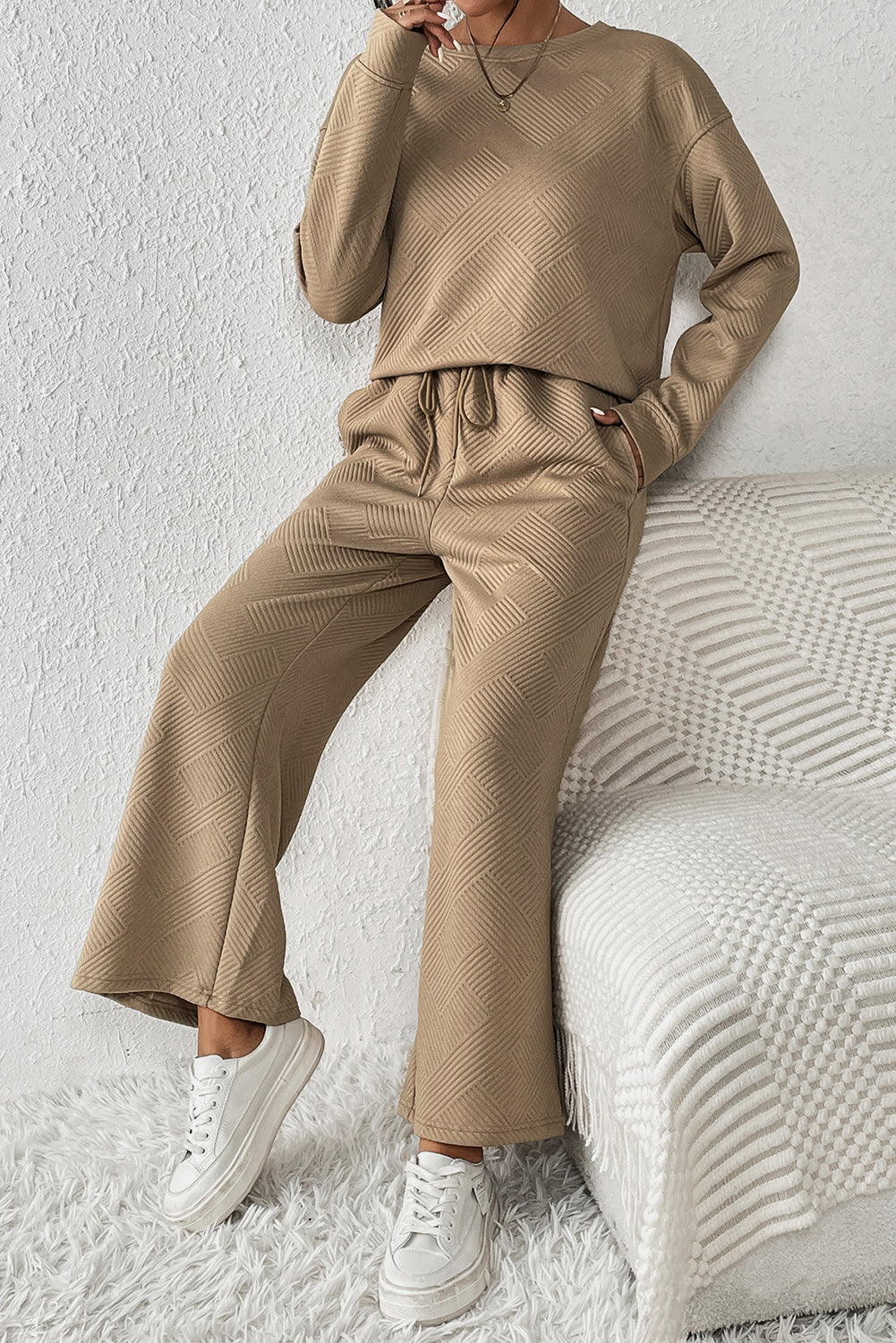 Apricot Textured Loose Slouchy Long Sleeve Top and Pants Set