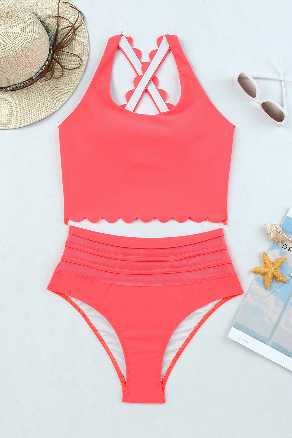 Rose Scalloped Sleeveless High Waisted Two Piece Swimsuit