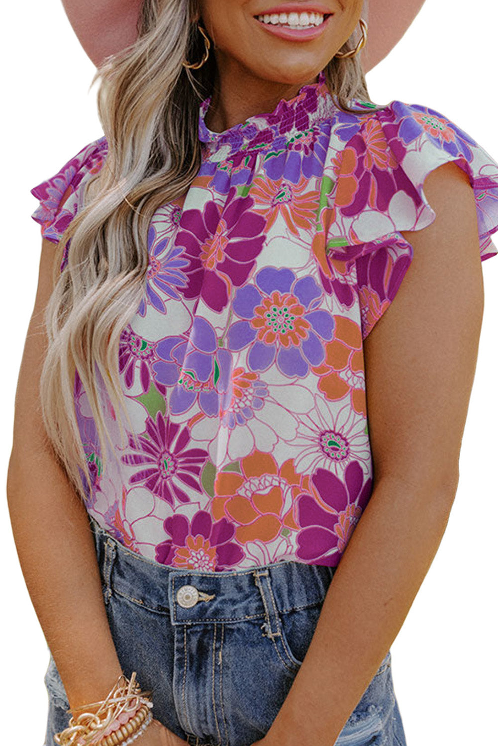 Purple Stand Neck Flutter Sleeves Floral Top