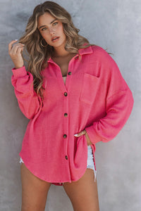 Hot Pink Pocket Buttons Front Waffle Knit Shacket