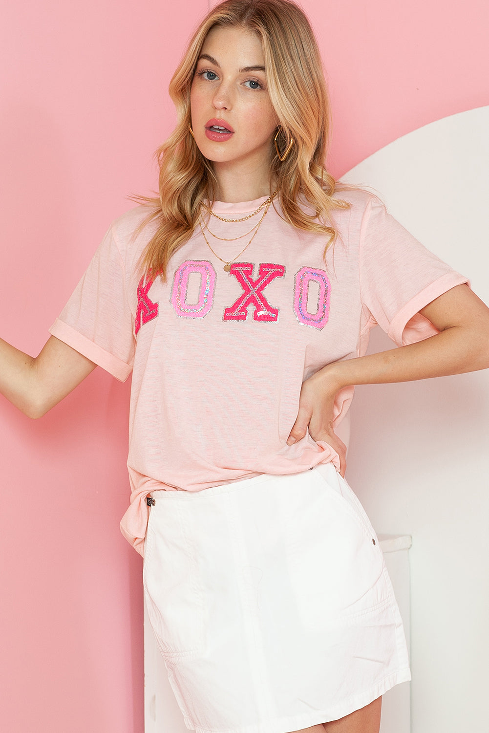 Pink XOXO Letter Printed Roll Up Sleeve Graphic Tee
