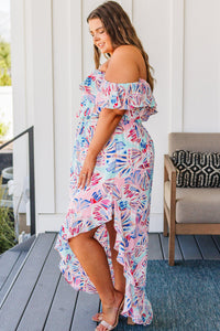 Pink Sea Shell Print Ruffled Sleeve Plus Size Maxi Dress