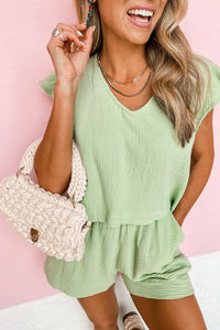 Green Crinkled Texture V Neck Ruffled Sleeve Tops & Shorts Set