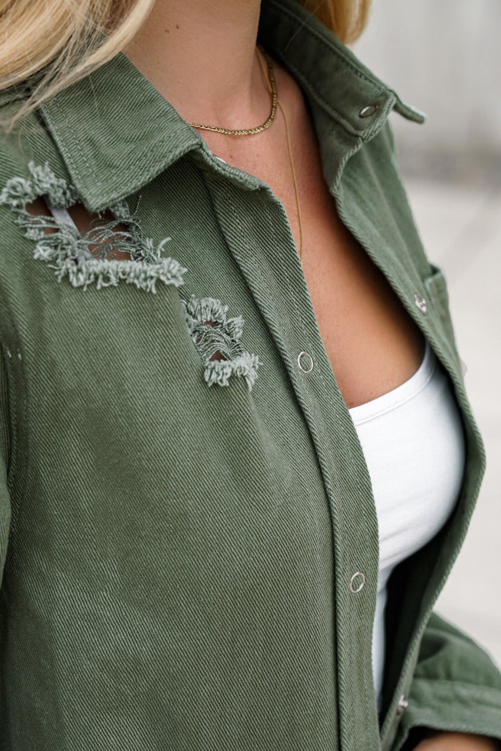 Light Blue Ripped Raw Hem Casual Button Up Denim Shacket