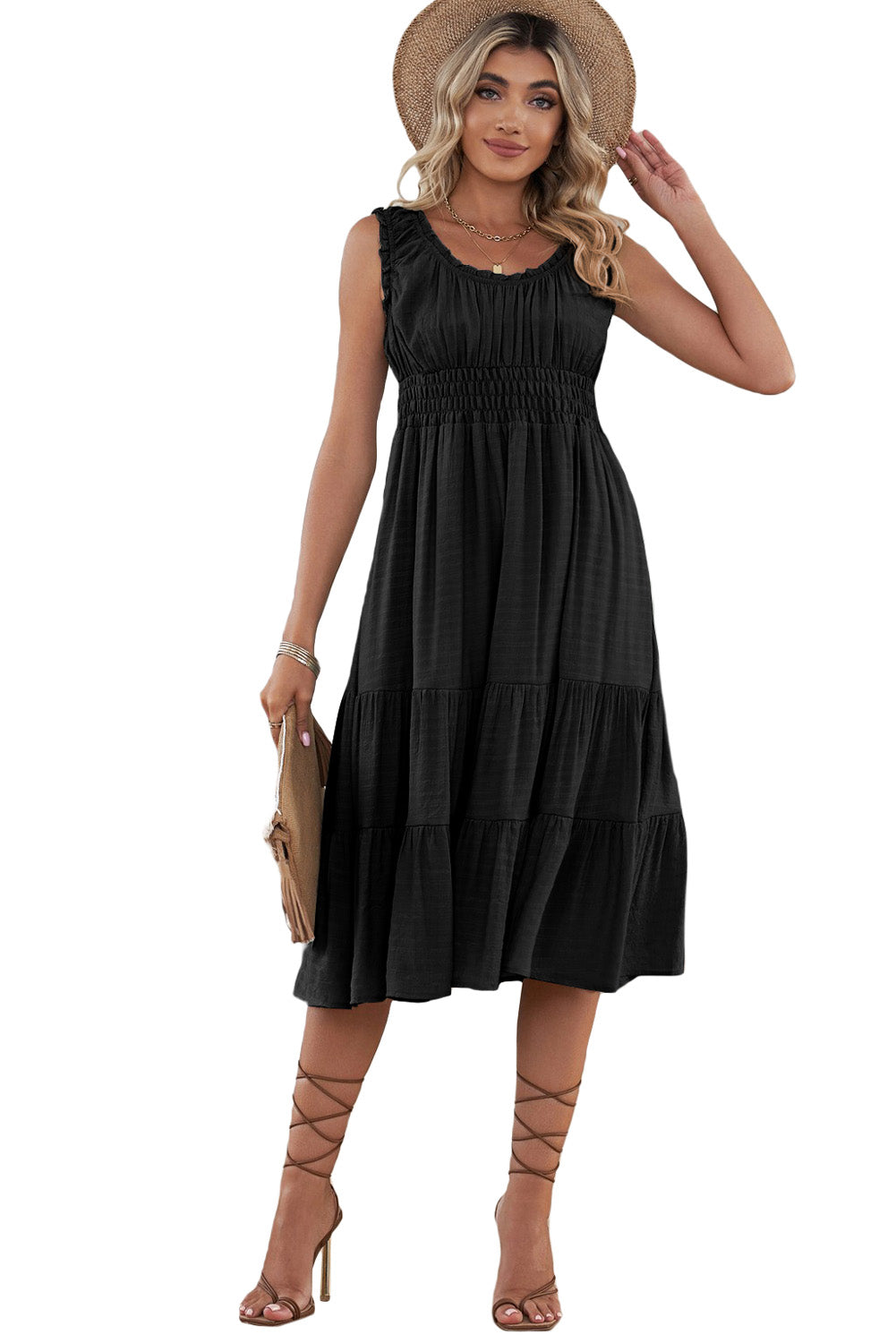 Black U-Neck Sleeveless Ruched Tiered Ruffled Midi Dress