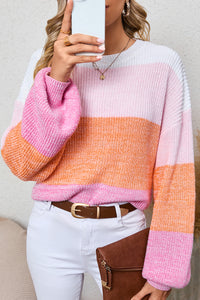 Pink Colorblock Drop Shoulder Pullover Loose Sweater