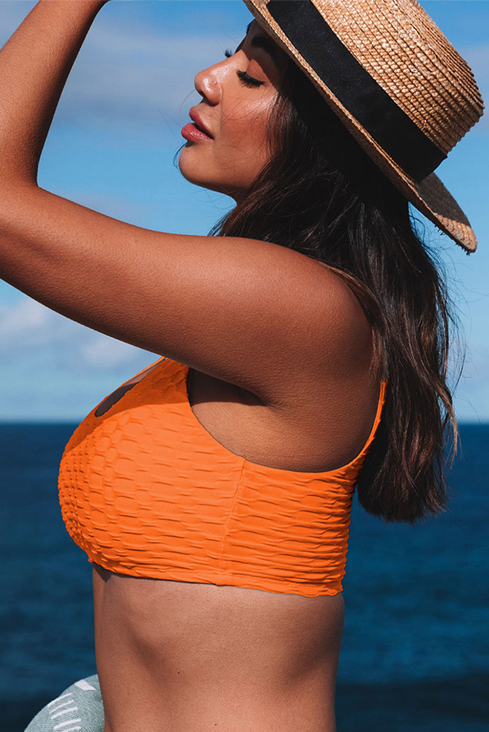 Orange Honeycomb Textured Bikini Top