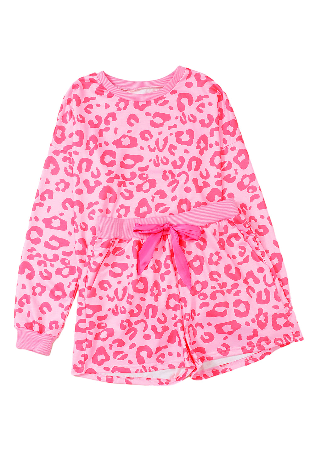 Pink Leopard Long Sleeve Top & Satin Tie Shorts Two Piece Shorts Set