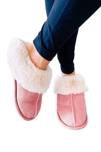 Pink Khaki Faux Suede Plush Lined Slip on Slippers