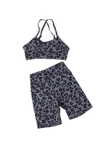 Grey Leopard Print Sports Bra & Shorts Two Piece Set