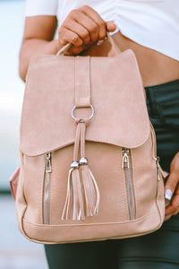 Pink Casual Multifunctional Flap Faux Leather Backpack