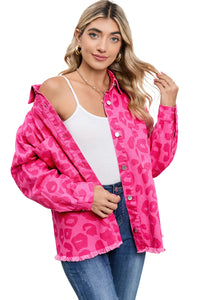 Pink Leopard Print Button Cuffs Raw Hem Jacket