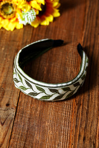 Grass Green Leafy Embroidered Wide Headband