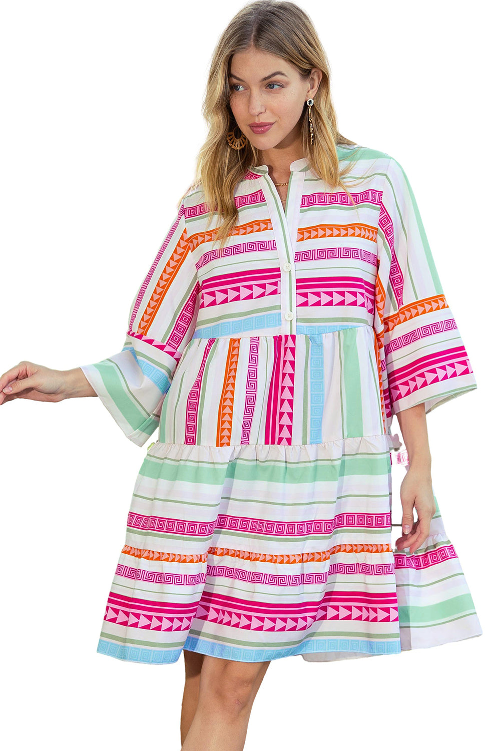 Multicolour Geometric Pattern Ruffle Tiered Mini Dress