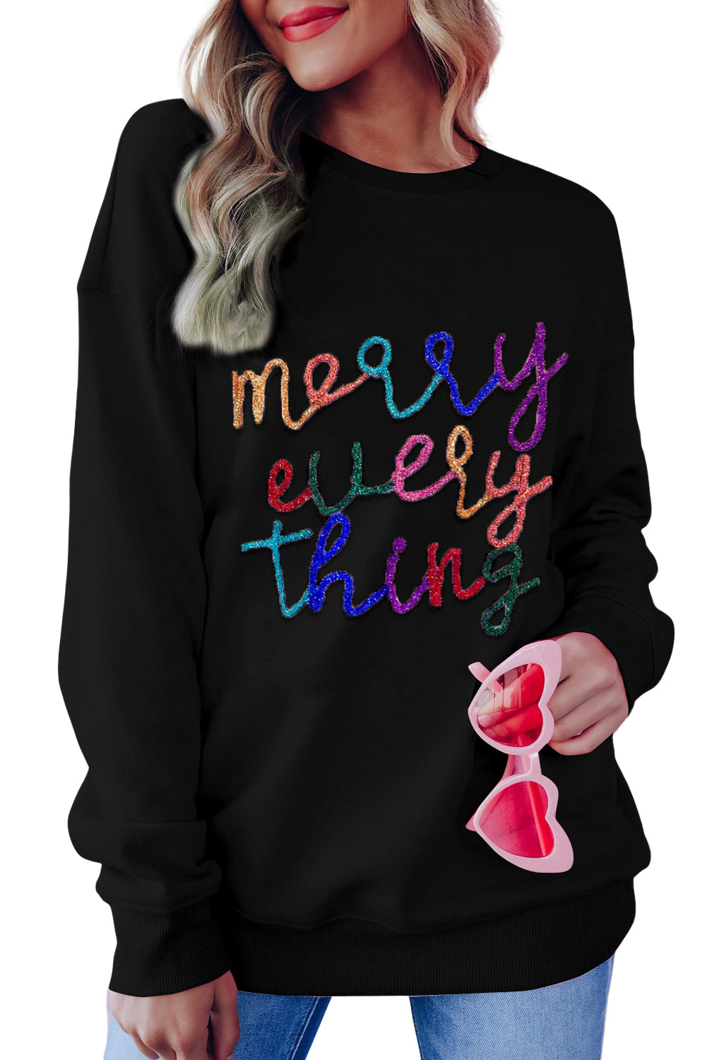 Pink Merry Every Thing Glitter Letter Christmas Sweatshirt