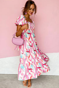 Pink Brush Stroke Printed Smocked Ruffle Tiered Dress