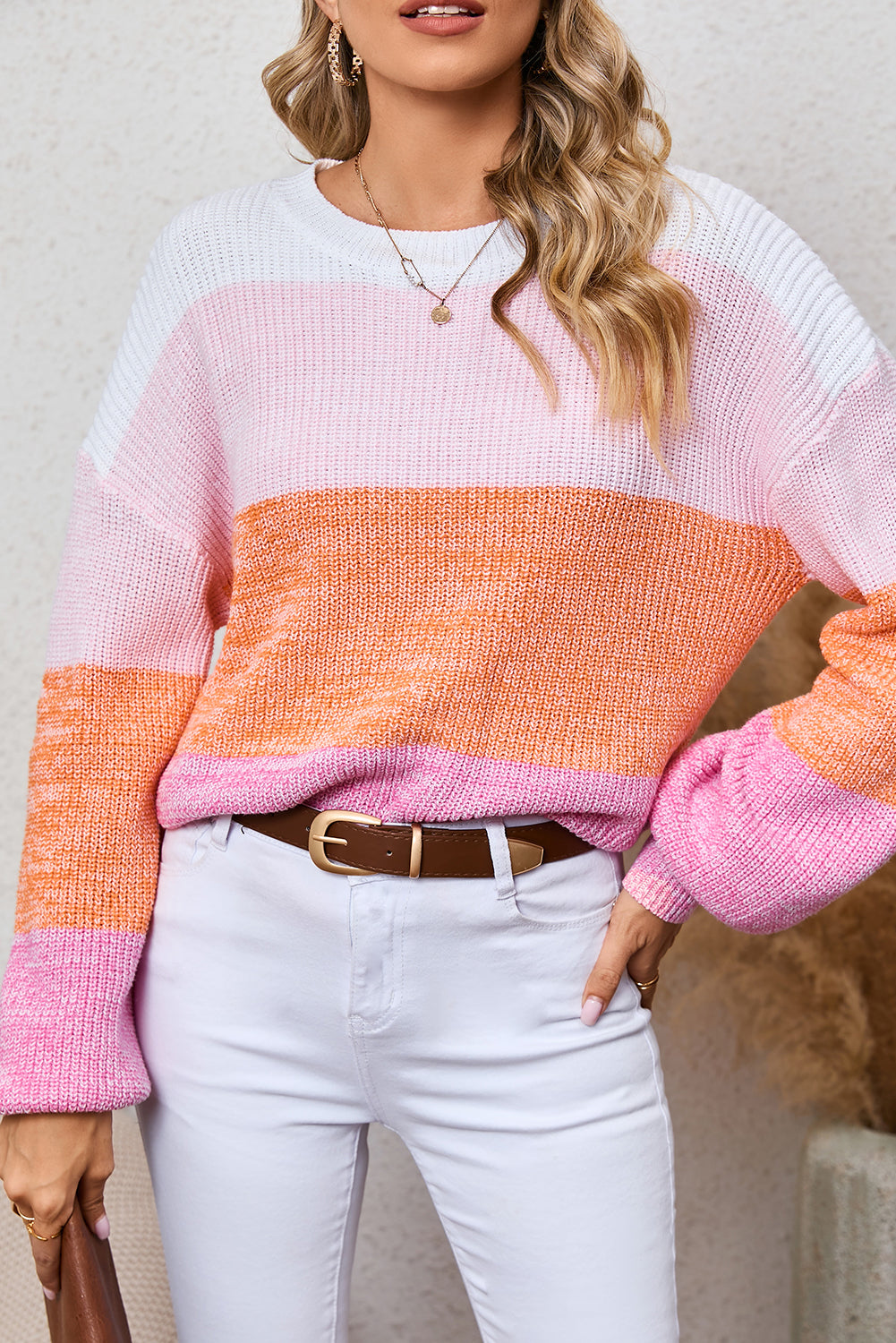 Pink Colorblock Drop Shoulder Pullover Loose Sweater