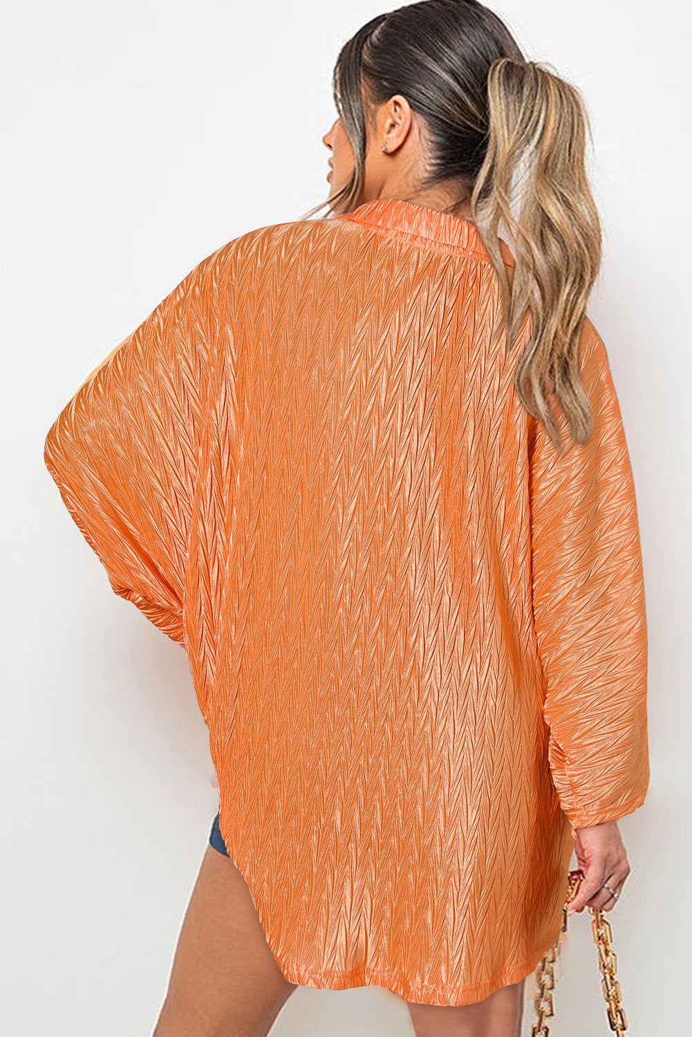 Orange Textured Button Up Batwing Sleeve Shirt