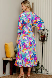 Multicolour Abstract Print High Waist V Neck Maxi Dress