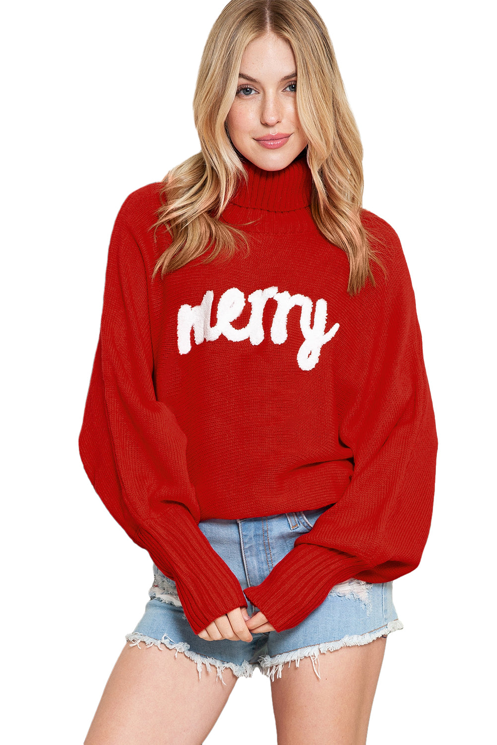 Red Turtle Neck Batwing Sleeve Merry Christmas Sweater