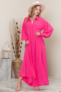 Rose Solid Color Bishop Sleeve Button Up Collared Shirt Dress