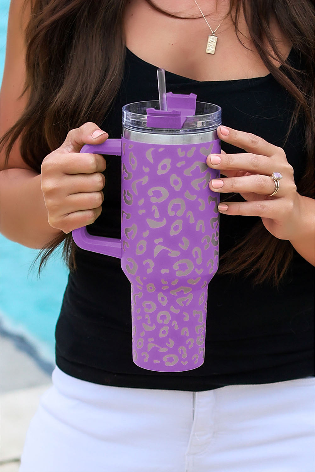 Purple 304 Leopard Stainless Double Insulated Tumbler Mug with Handle