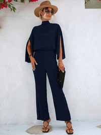 Solid Mock Neck Split Sleeve Jumpsuit