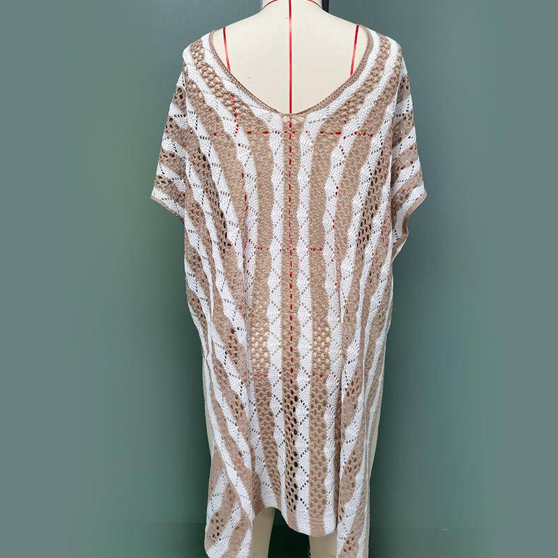 Sexy Striped V-neck Openwork Side Slit Cover Up